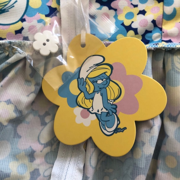 Smurfs X Unique Vintage Smurf Floral Print Pinafore Swing Dress, NWT - Picture 9 of 13